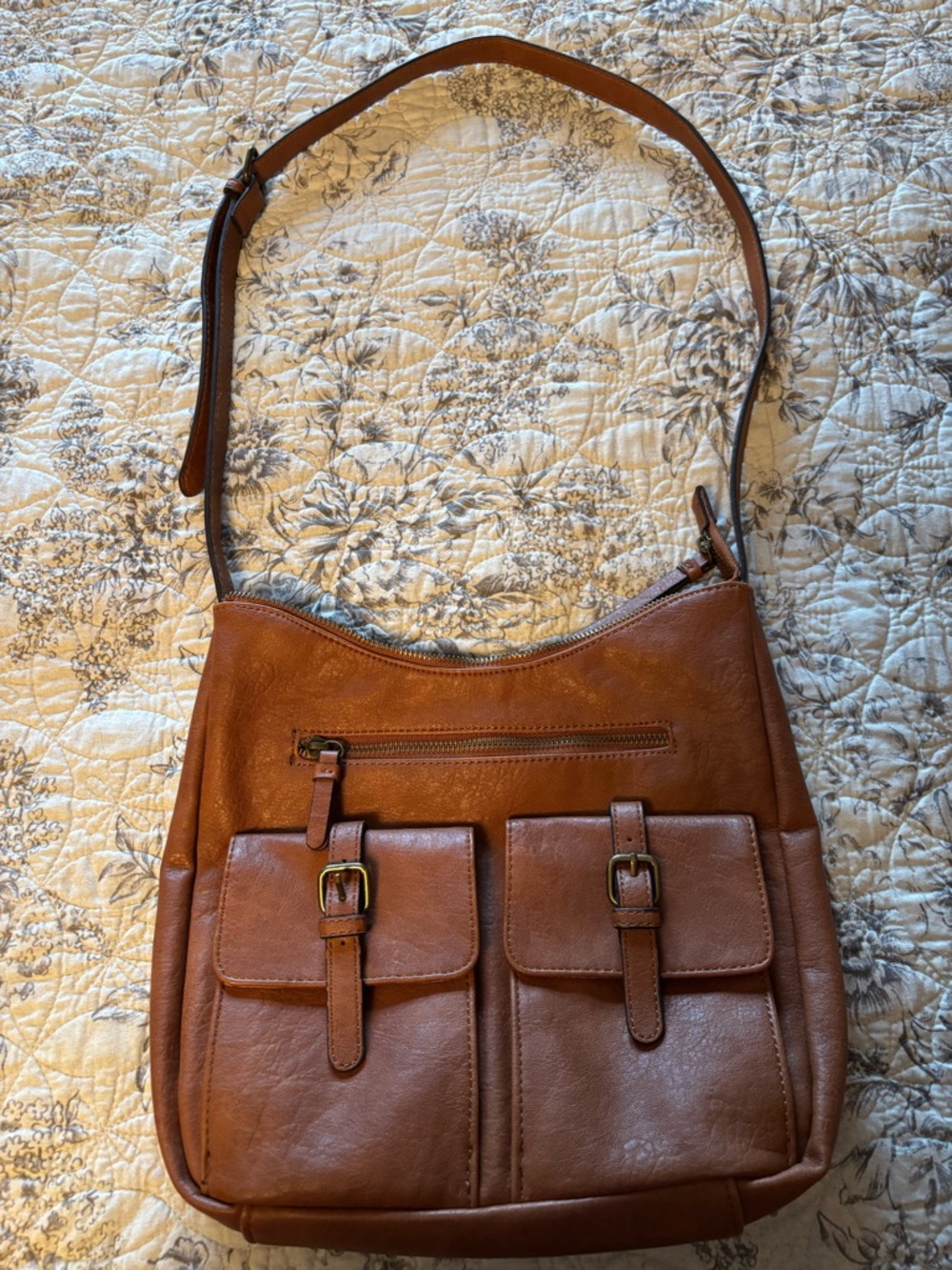 Market & Spruce Cognac Brown Leather Shoulder Bag with Front Buckle Pockets